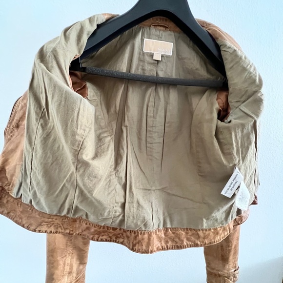 Michael Kors Leather Moto Biker Jacket Distressed Tan Luggage XS Small AUTHENTIC - Picture 7 of 14